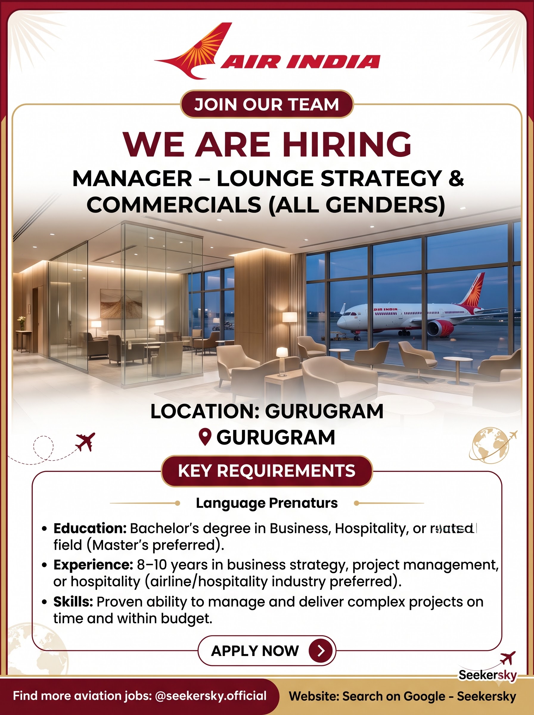 Hiring of Manager - Lounge Strategy and Commercials | Air India Airline | Gurugram 1 Air India hiring manager post 202608141307