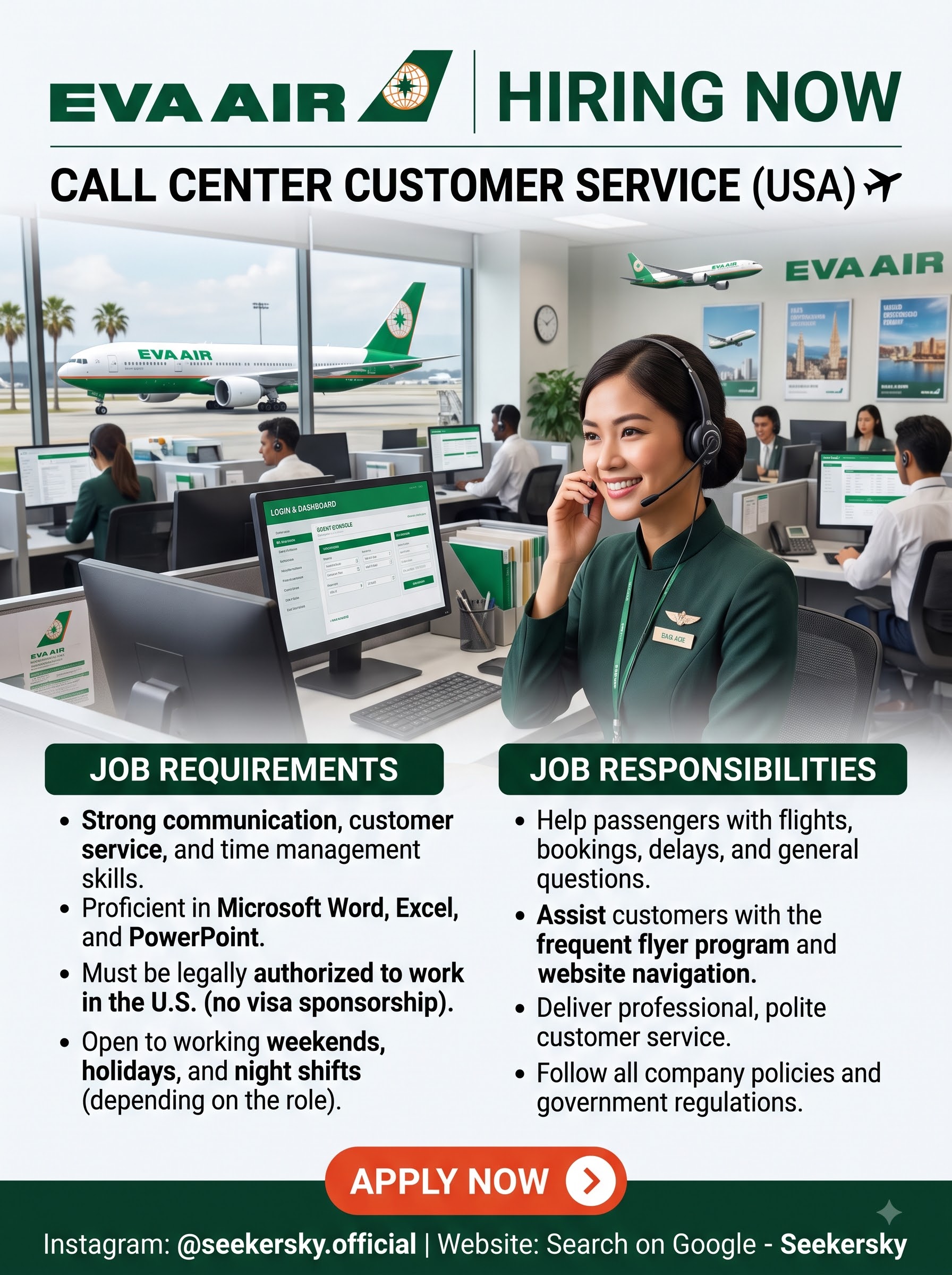 Hiring of CALL CENTER CUSTOMER SERVICE | EVA Airline | USA 1 Airline customer service job post 202608081138