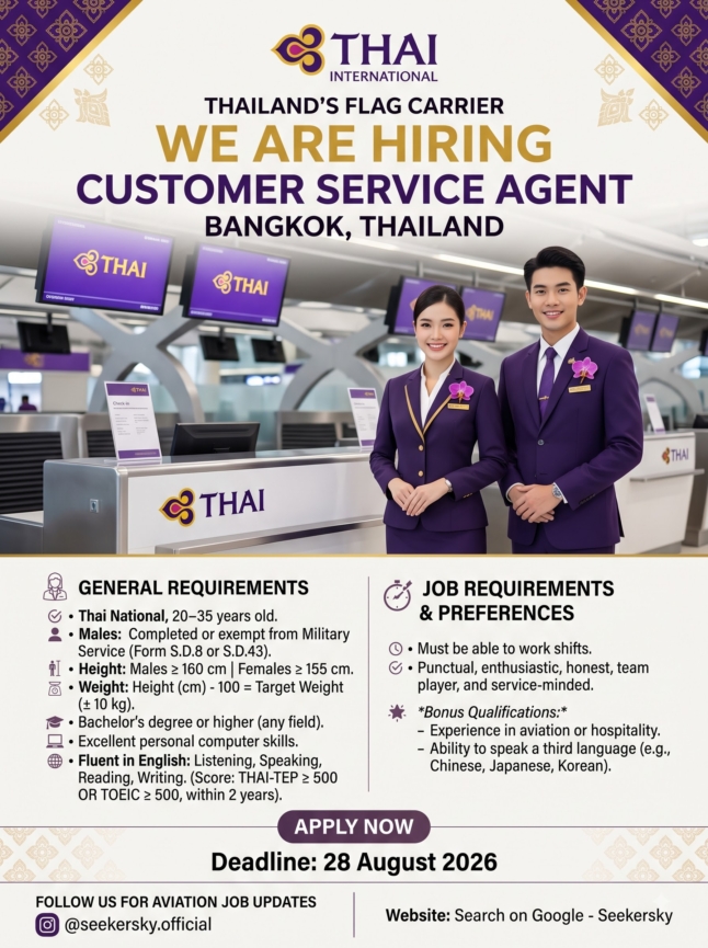 Hiring of Customer Service Agent  Thai Airways  Bangkok, Thailand