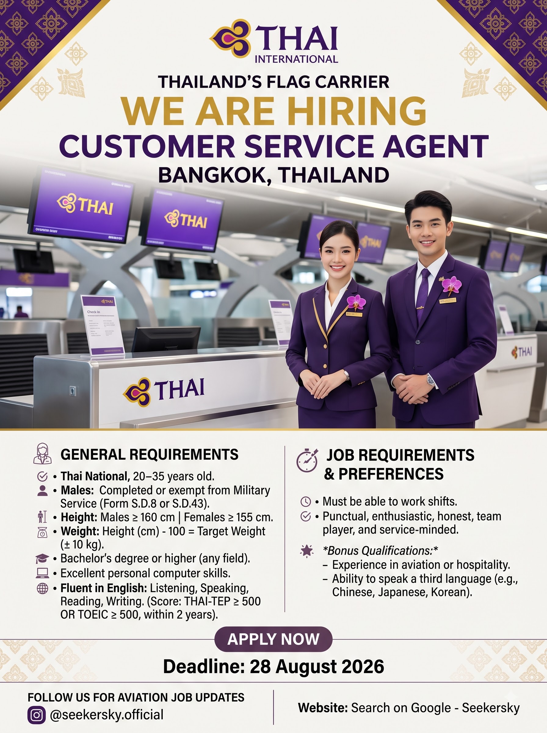 Hiring of Customer Service Agent Thai Airways Bangkok Thailand