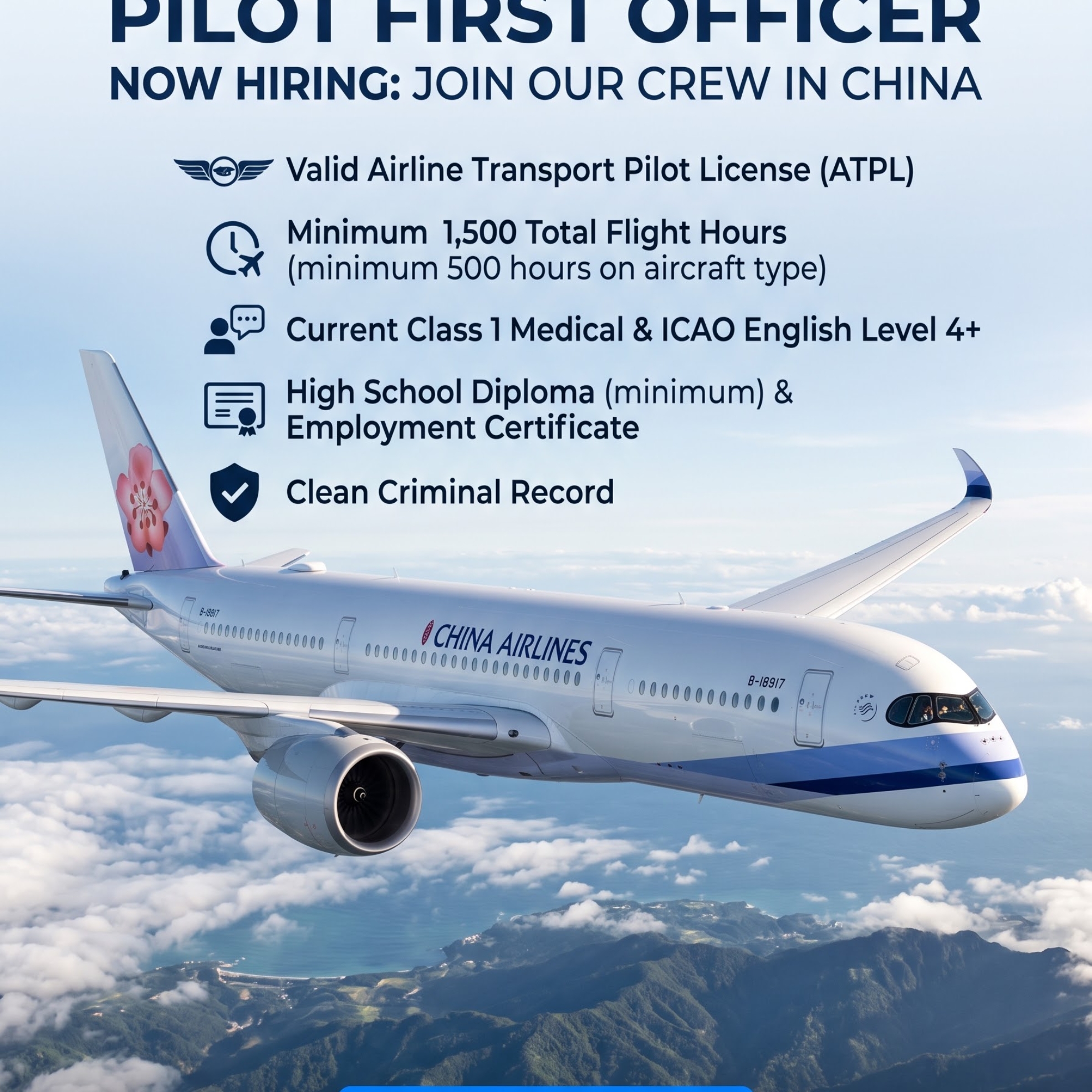 Home 23 Hiring of Pilot FIRST OFFICER China Airlines China