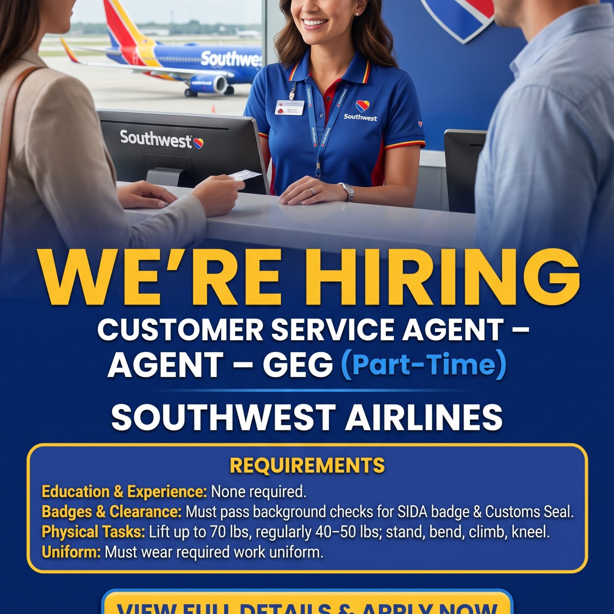 Home 26 Hiring of Customer Service Agent (Part-Time, Regular) Southwest Airlines USA