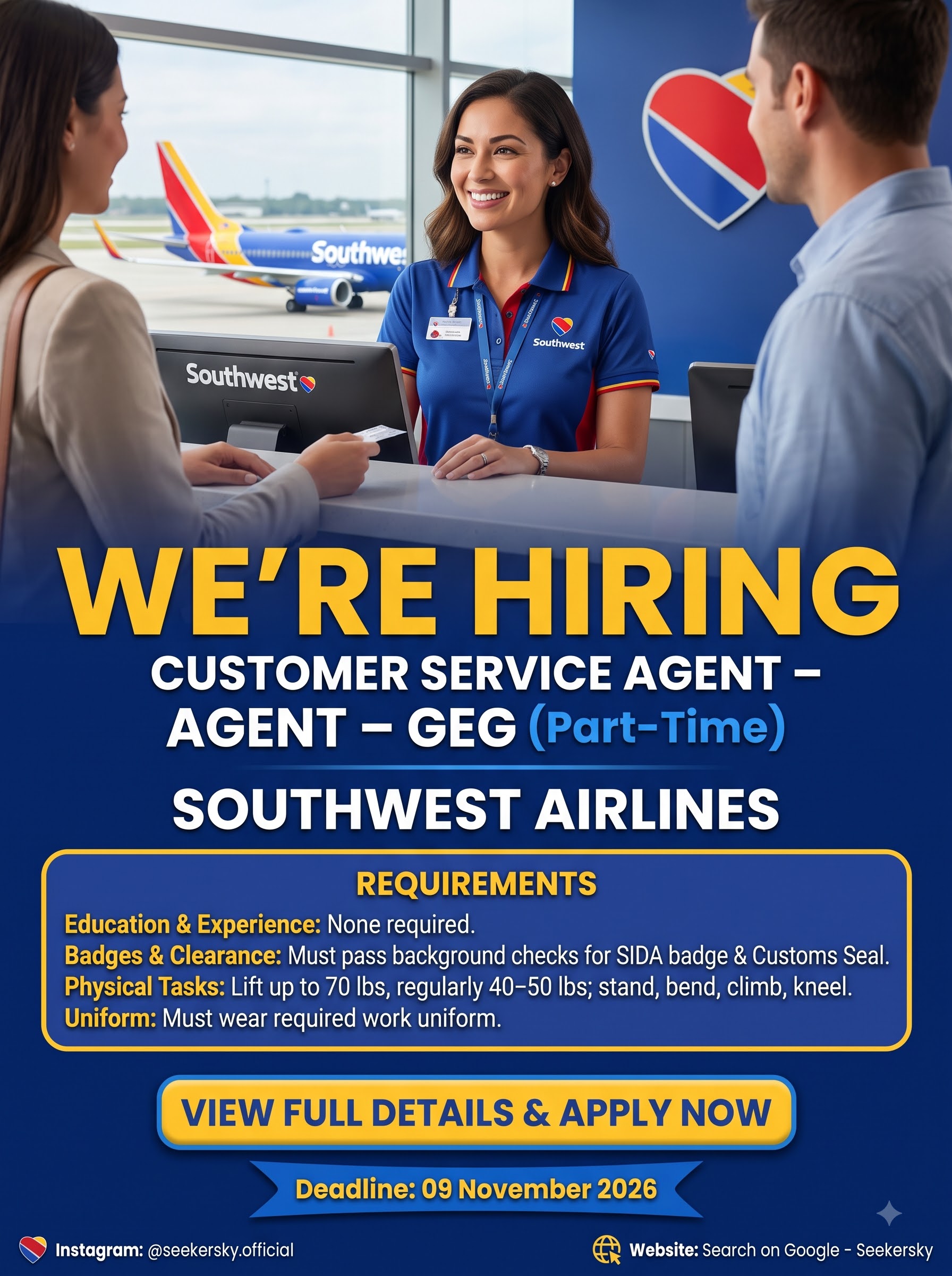 Hiring of Customer Service Agent (Part-Time, Regular) | Southwest Airlines | USA 1 Hiring of Customer Service Agent Part Time Regular Southwest Airlines USA