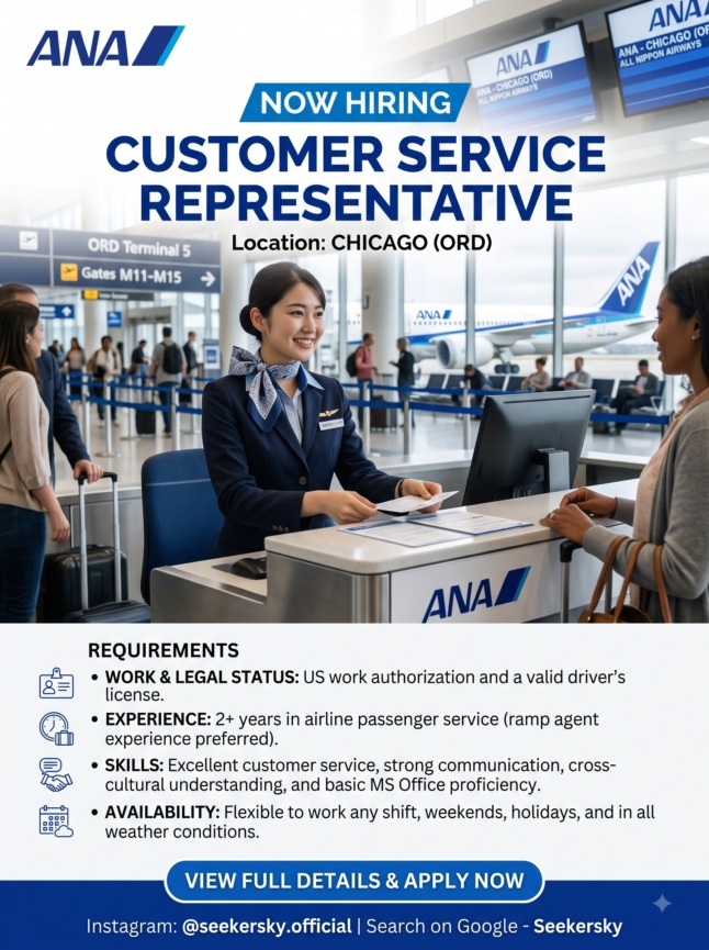 Hiring of Customer Service Representative  ANA Airlines  Chicago, USA