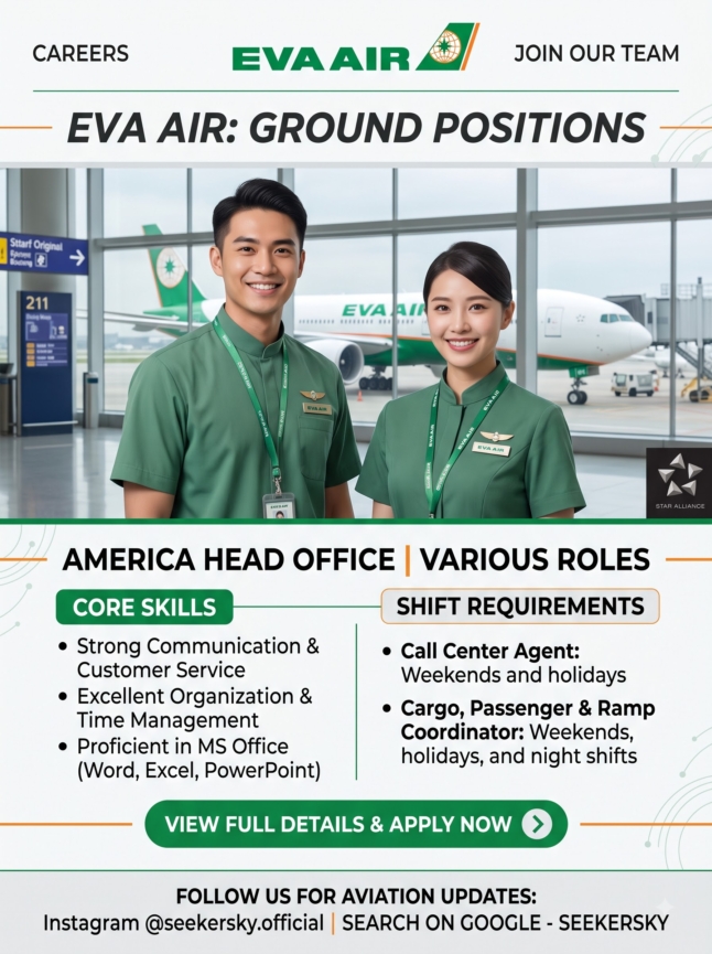Hiring of Ground Staff (Various Roles)  EVA Air  America Head Office