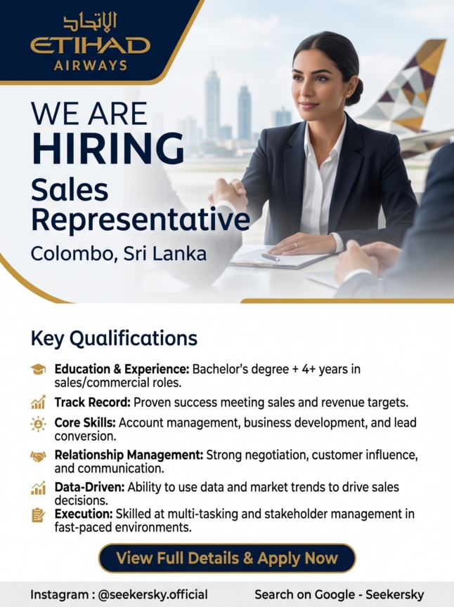Hiring of Sales Representative  Etihad Airways  Colombo, Sri Lanka