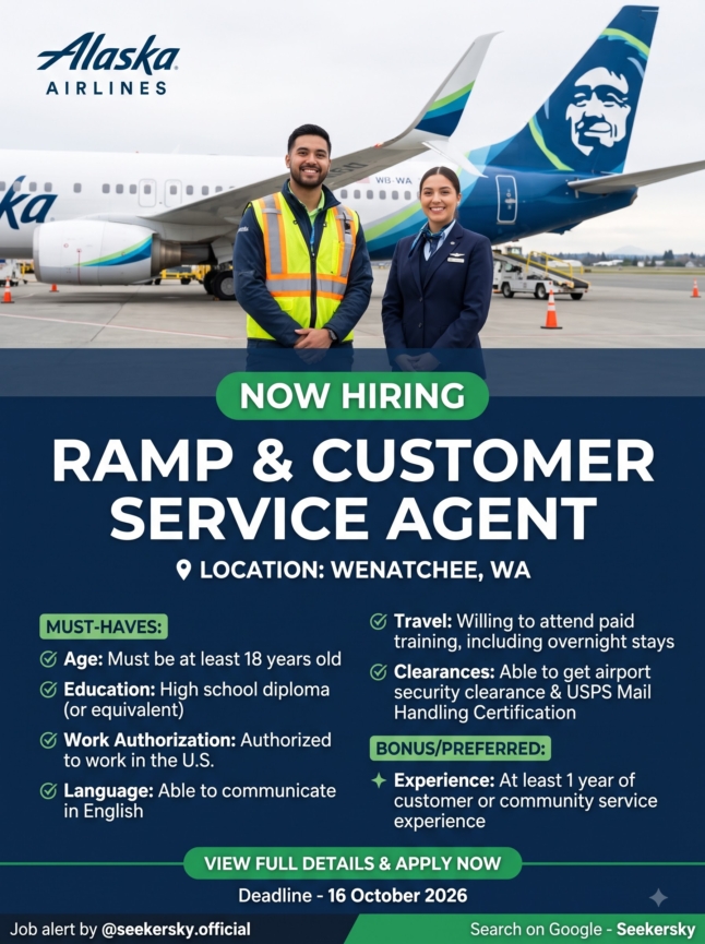 Hiring of Ramp & Customer Service Agent  Alaska Airlines  Wenatchee, (USA)